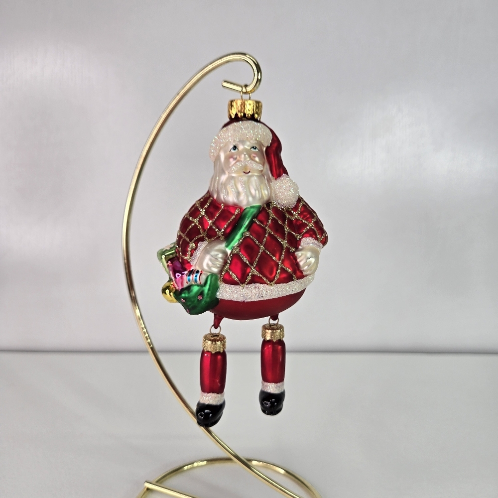 VTG Blown Glass Santa Hanging Ornament With Dangling Legs Toy Sack and Tree